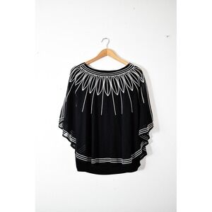 Alfani Cape Blouse Women 2X Black White Y2K Embroidered Sheer Butterfly Sleeve